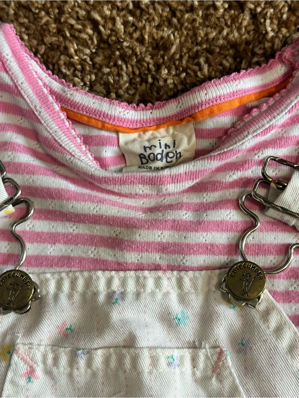 Vintage 1980s Cutecumber brand Flowered Overalls with Striped Mini Boden Shirt